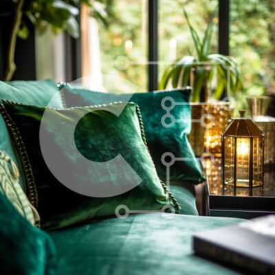 Intra Συλλεκτικό Ξύλινο Παζλ Plywood  4mm - Μοντέρνο και άνετο σαλόνι με πράσινο βελούδινο καναπέ και φυτά Σε Ξύλινο Κουτί - Διαστάσεις Puzzle: 10x10 cm – 25 κομμάτια - Image 1