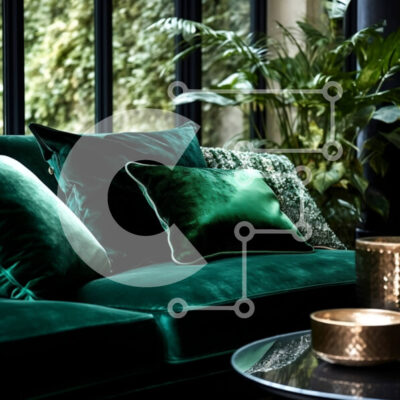 Intra Συλλεκτικό Ξύλινο Παζλ Plywood  4mm - Πράσινος βελούδινος καναπές μπροστά από ένα μεγάλο παράθυρο με θέα σε έναν καταπράσινο κήπο Σε Ξύλινο Κουτί - Διαστάσεις Puzzle: 10x10 cm – 25 κομμάτια - Image 1