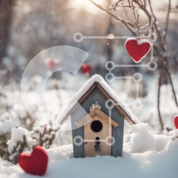 Intra Συλλεκτικό Ξύλινο Παζλ Plywood 4mm - Birdhouse στο χιόνι με κόκκινες καρδιές Σε Ξύλινο Κουτί - Διαστάσεις Puzzle: 10x10 cm – 25 κομμάτια - Image 1
