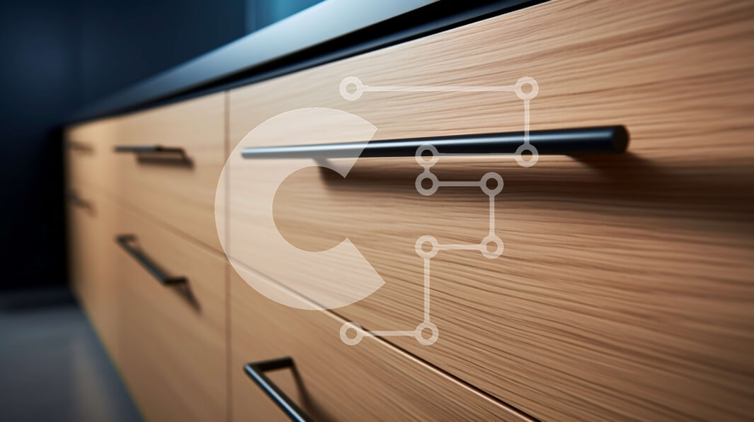 Intra Συλλεκτικό Ξύλινο Παζλ Plywood  4mm - Κοντινό πλάνο ενός μοντέρνου ξύλινου ντουλαπιού κουζίνας με μαύρες λαβές Σε Ξύλινο Κουτί - Διαστάσεις Puzzle: 10x10 cm – 25 κομμάτια