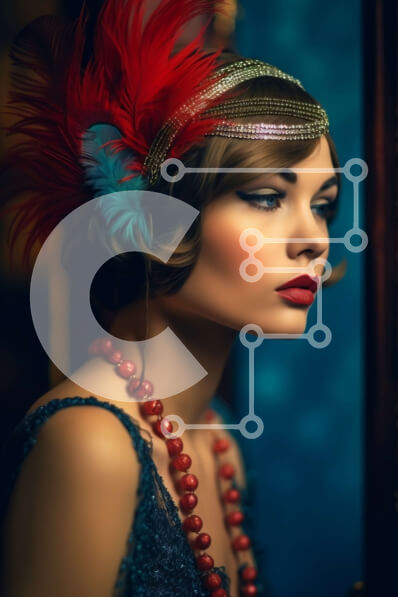 Intra Συλλεκτικό Ξύλινο Παζλ Plywood  4mm - Πορτρέτο μιας γυναίκας με φτερωτή της δεκαετίας του 1920 με κόκκινο και μπλε φτερωτό κεφαλάκι και μαργαριταρένιο κολιέ Σε Ξύλινο Κουτί - Διαστάσεις Puzzle: 10x10 cm – 25 κομμάτια