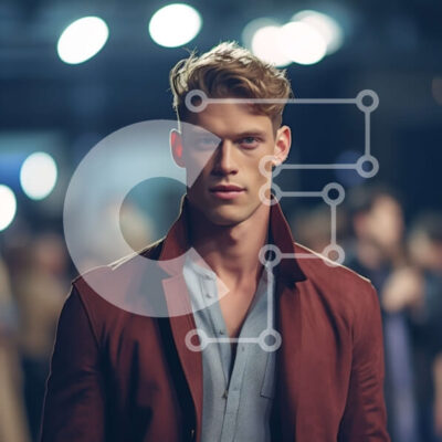 Intra Συλλεκτικό Ξύλινο Παζλ Plywood  4mm - Κομψός άνδρας που ποζάρει στην πασαρέλα με κόκκινο σακάκι και μπλε πουκάμισο Σε Ξύλινο Κουτί - Διαστάσεις Puzzle: 10x10 cm – 25 κομμάτια - Image 1