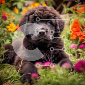 Intra Συλλεκτικό Ξύλινο Παζλ Plywood  4mm - Αξιολάτρευτη εικόνα ενός μαύρου κουταβιού της Νέας Γης σε ένα κρεβάτι με λουλούδια Σε Ξύλινο Κουτί - Διαστάσεις: 10x10 cm – 25 κομμάτια