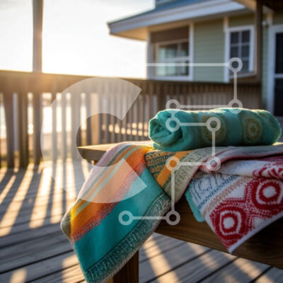 Intra Συλλεκτικό Ξύλινο Παζλ Plywood  4mm - Όμορφη εικόνα μιας πολύχρωμης πετσέτας παραλίας σε έναν ξύλινο πάγκο με θέα στον ωκεανό Σε Ξύλινο Κουτί - Διαστάσεις Puzzle: 10x10 cm – 25 κομμάτια - Image 1