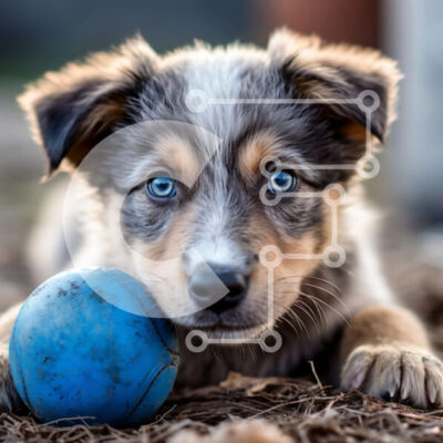 Intra Συλλεκτικό Ξύλινο Παζλ Plywood  4mm - Χαριτωμένη εικόνα ενός κουταβιού με μπλε μάτια με μια μπλε μπάλα Σε Ξύλινο Κουτί - Διαστάσεις: 10x10 cm – 25 κομμάτια - Image 1