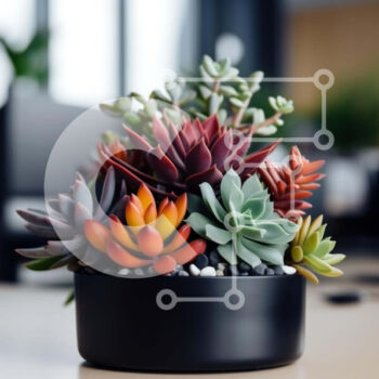 Intra Συλλεκτικό Ξύλινο Παζλ Plywood  4mm - Πολύχρωμα παχύφυτα σε μια μαύρη γλάστρα σε ένα γραφείο Σε Ξύλινο Κουτί - Διαστάσεις Puzzle: 10x10 cm – 25 κομμάτια - Image 1