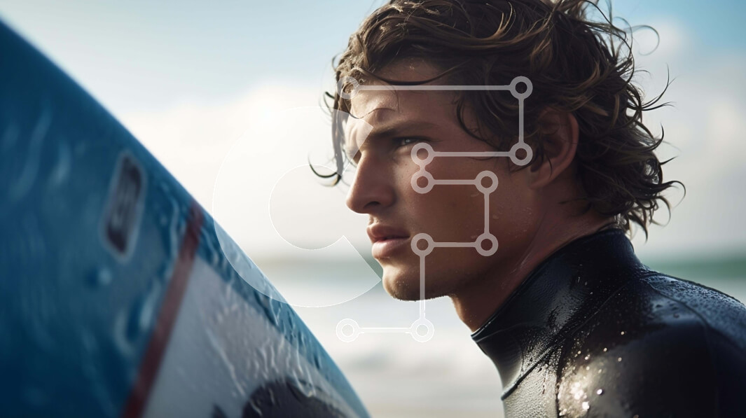 Intra Συλλεκτικό Ξύλινο Παζλ Plywood  4mm - Νεαρός σέρφερ με σγουρά μαλλιά που κρατά σανίδα του σερφ Σε Ξύλινο Κουτί - Διαστάσεις Puzzle: 10x10 cm – 25 κομμάτια