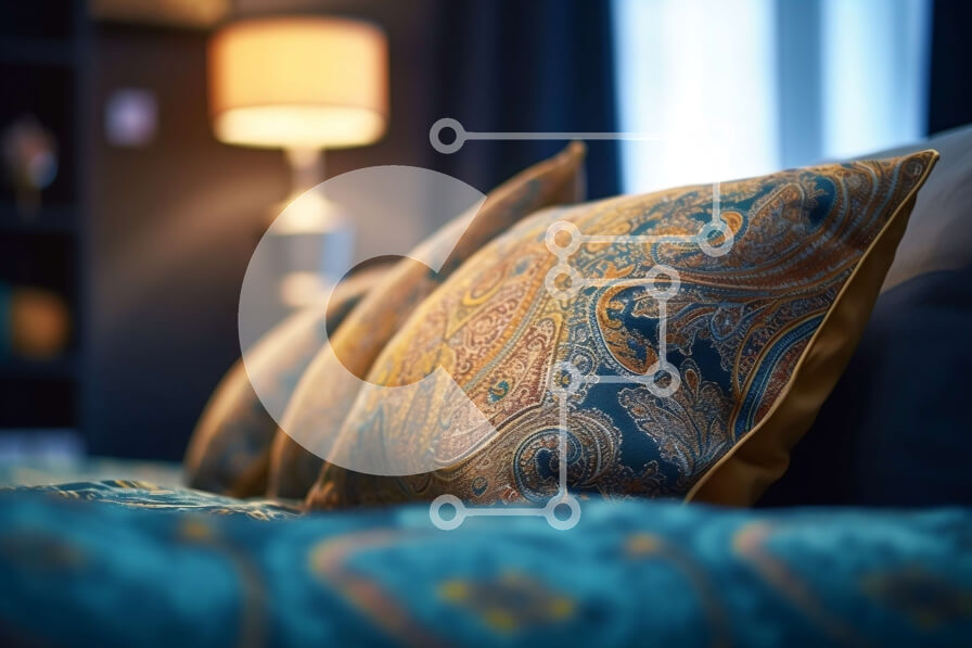 Intra Συλλεκτικό Ξύλινο Παζλ Plywood  4mm - Κομψό δωμάτιο ξενοδοχείου με μπλε και χρυσά κλινοσκεπάσματα Σε Ξύλινο Κουτί - Διαστάσεις Puzzle: 10x10 cm – 25 κομμάτια