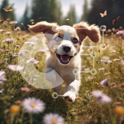 Intra Συλλεκτικό Ξύλινο Παζλ Plywood  4mm - Ευτυχισμένο κουτάβι που τρέχει στο πεδίο λουλουδιών με πεταλούδες Σε Ξύλινο Κουτί - Διαστάσεις: 10x10 cm – 25 κομμάτια - Image 1