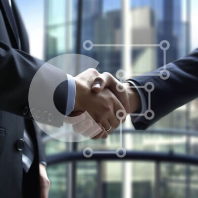 Intra Συλλεκτικό Ξύλινο Παζλ Plywood  4mm - Επαγγελματική εικόνα επιχειρηματιών που κάνουν χειραψία με σύγχρονο ορίζοντα πόλεων στο παρασκήνιο Σε Ξύλινο Κουτί - Διαστάσεις Puzzle: 10x10 cm – 25 κομμάτια - Image 1