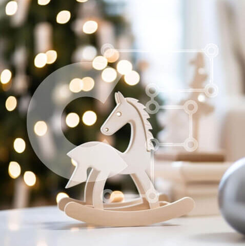 Intra Συλλεκτικό Ξύλινο Παζλ Plywood  4mm - Λευκό παιχνίδι αλόγων που κουνιέται μπροστά από το χριστουγεννιάτικο δέντρο Σε Ξύλινο Κουτί - Διαστάσεις: 10x10 cm – 25 κομμάτια - Image 1