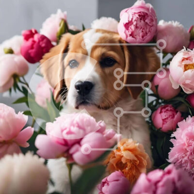 Intra Συλλεκτικό Ξύλινο Παζλ Plywood  4mm - Σκύλος που περιβάλλεται από ροζ παιώνιες Σε Ξύλινο Κουτί - Διαστάσεις: 10x10 cm – 25 κομμάτια - Image 1