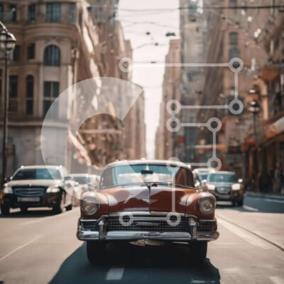 Intra Συλλεκτικό Ξύλινο Παζλ Plywood  4mm - Vintage κόκκινο αυτοκίνητο στην καρδιά της πόλης Σε Ξύλινο Κουτί - Διαστάσεις Puzzle: 10x10 cm – 25 κομμάτια - Image 1