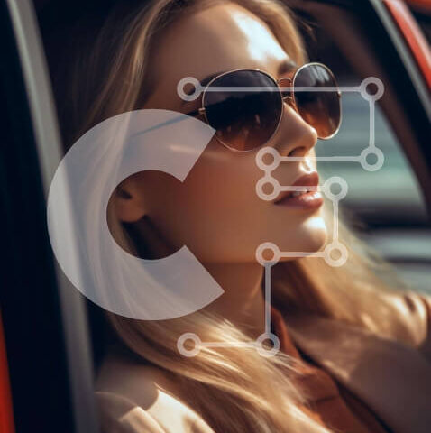 Intra Συλλεκτικό Ξύλινο Παζλ Plywood  4mm - Κομψή ξανθιά γυναίκα με γυαλιά ηλίου που γέρνει έξω από ένα πορτοκαλί αυτοκίνητο Σε Ξύλινο Κουτί - Διαστάσεις Puzzle: 10x10 cm – 25 κομμάτια - Image 1