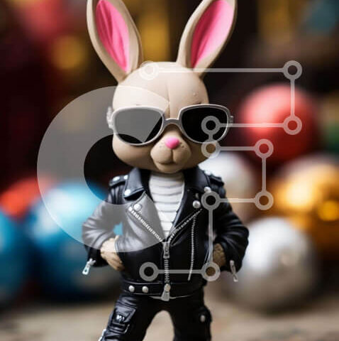 Intra Συλλεκτικό Ξύλινο Παζλ Plywood  4mm - Toy Bunny με μαύρο δερμάτινο μπουφάν και γυαλιά ηλίου με πολύχρωμες μπάλες και μπαλόνια Σε Ξύλινο Κουτί - Διαστάσεις: 10x10 cm – 25 κομμάτια - Image 1