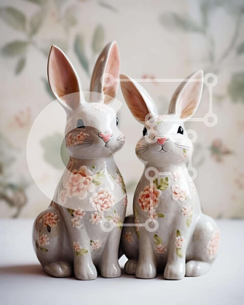 Intra Συλλεκτικό Ξύλινο Παζλ Plywood  4mm - Κεραμικά ειδώλια Πασχαλινών κουνελιών σε λευκό φόντο Σε Ξύλινο Κουτί - Διαστάσεις Puzzle: 10x10 cm – 25 κομμάτια