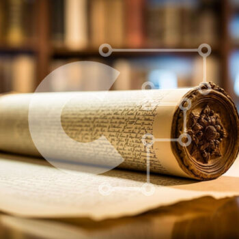 Intra Συλλεκτικό Ξύλινο Παζλ Plywood  4mm - Αρχαίος κύλινδρος σε ξύλινο τραπέζι μπροστά από ράφια Σε Ξύλινο Κουτί - Διαστάσεις Puzzle: 10x10 cm – 25 κομμάτια - Image 1