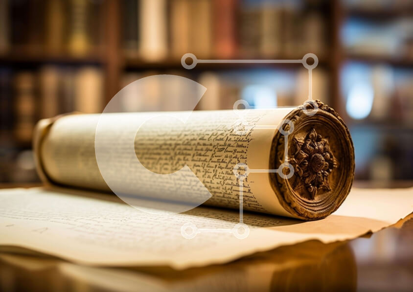 Intra Συλλεκτικό Ξύλινο Παζλ Plywood  4mm - Αρχαίος κύλινδρος σε ξύλινο τραπέζι μπροστά από ράφια Σε Ξύλινο Κουτί - Διαστάσεις Puzzle: 10x10 cm – 25 κομμάτια