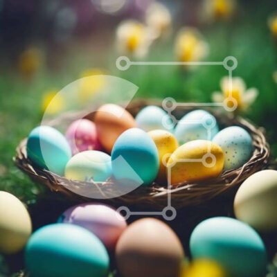 Intra Συλλεκτικό Ξύλινο Παζλ Plywood 4mm - Πολύχρωμα Πασχαλινά αυγά και Νάρκισσοι στο καλάθι χόρτου Σε Ξύλινο Κουτί - Διαστάσεις: 10x10 cm – 25 κομμάτια - Image 1