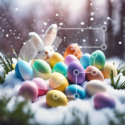 Intra Συλλεκτικό Ξύλινο Παζλ Plywood  4mm - Πολύχρωμο Πασχαλινό λαγουδάκι με τα Πασχαλινά αυγά στο χιόνι Σε Ξύλινο Κουτί - Διαστάσεις: 10x10 cm – 25 κομμάτια - Image 1