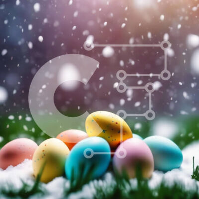 Intra Συλλεκτικό Ξύλινο Παζλ Plywood  4mm - Πολύχρωμα Πασχαλινά αυγά στο γρασίδι με το χιόνι που πέφτει Σε Ξύλινο Κουτί - Διαστάσεις: 10x10 cm – 25 κομμάτια - Image 1