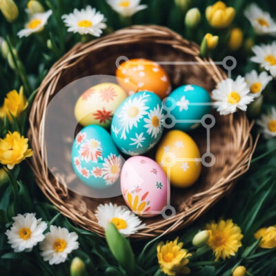 Intra Συλλεκτικό Ξύλινο Παζλ Plywood  4mm - Πολύχρωμα βαμμένα Πασχαλινά αυγά και μαργαρίτες στο καλάθι με χόρτο Σε Ξύλινο Κουτί - Διαστάσεις: 10x10 cm – 25 κομμάτια - Image 1