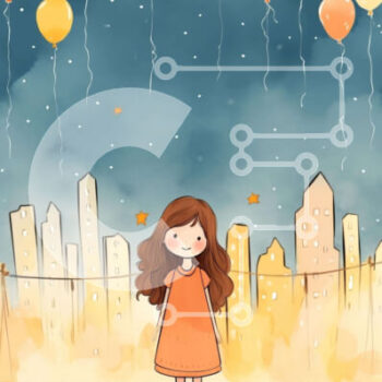 Intra Συλλεκτικό Ξύλινο Παζλ Plywood  4mm - Κορίτσι με πορτοκαλί φόρεμα με μπαλόνια και τον ορίζοντα της πόλης τη νύχτα Σε Ξύλινο Κουτί - Διαστάσεις Puzzle: 10x10 cm – 25 κομμάτια - Image 1