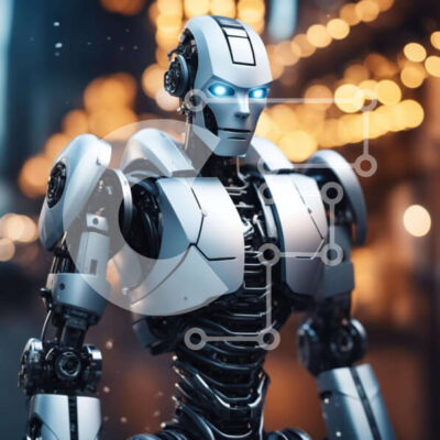 Intra Συλλεκτικό Ξύλινο Παζλ Plywood  4mm - Ασημένιο ρομπότ με μπλε μάτια και ρούχα που μοιάζουν με άνθρωπο Σε Ξύλινο Κουτί - Διαστάσεις Puzzle: 10x10 cm – 25 κομμάτια - Image 1