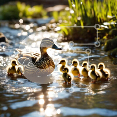 Intra Συλλεκτικό Ξύλινο Παζλ Plywood 4mm - Μητέρα πάπια και παπάκια που κολυμπούν σε ένα ποτάμι Σε Ξύλινο Κουτί - Διαστάσεις: 10x10 cm – 25 κομμάτια - Image 1