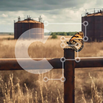 Intra Συλλεκτικό Ξύλινο Παζλ Plywood  4mm - Πεταλούδα που στηρίζεται σε σκουριασμένο φράχτη δεξαμενής πετρελαίου Σε Ξύλινο Κουτί - Διαστάσεις: 10x10 cm – 25 κομμάτια - Image 1