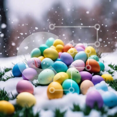 Intra Συλλεκτικό Ξύλινο Παζλ Plywood  4mm - Πολύχρωμα Πασχαλινά αυγά στο χιόνι με τις νιφάδες χιονιού που πέφτουν Σε Ξύλινο Κουτί - Διαστάσεις: 10x10 cm – 25 κομμάτια - Image 1