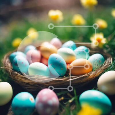 Intra Συλλεκτικό Ξύλινο Παζλ Plywood  4mm - Πολύχρωμο καλάθι με πασχαλινά αυγά σε γρασίδι με λουλούδια Σε Ξύλινο Κουτί - Διαστάσεις: 10x10 cm – 25 κομμάτια - Image 1