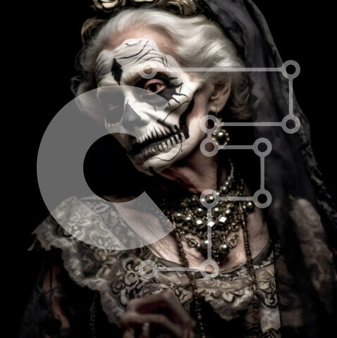 Intra Συλλεκτικό Ξύλινο Παζλ Plywood  4mm - Ηλικιωμένη γυναίκα με γοτθικό φόρεμα και κόμμωση με θέμα το κρανίο Σε Ξύλινο Κουτί - Διαστάσεις Puzzle: 10x10 cm – 25 κομμάτια - Image 1