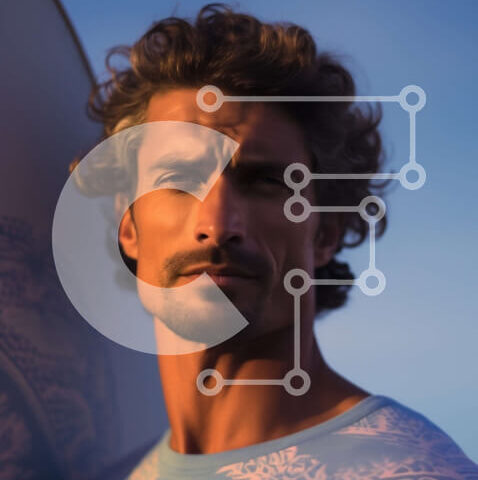 Intra Συλλεκτικό Ξύλινο Παζλ Plywood  4mm - Σοβαρός άνδρας με σανίδα του σερφ σε φόντο μπλε του ουρανού Σε Ξύλινο Κουτί - Διαστάσεις Puzzle: 10x10 cm – 25 κομμάτια - Image 1