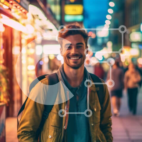 Intra Συλλεκτικό Ξύλινο Παζλ Plywood  4mm - Χαμογελαστός νεαρός άνδρας με κίτρινο σακάκι στην πολυσύχναστη οδό της πόλης τη νύχτα Σε Ξύλινο Κουτί - Διαστάσεις Puzzle: 10x10 cm – 25 κομμάτια - Image 1