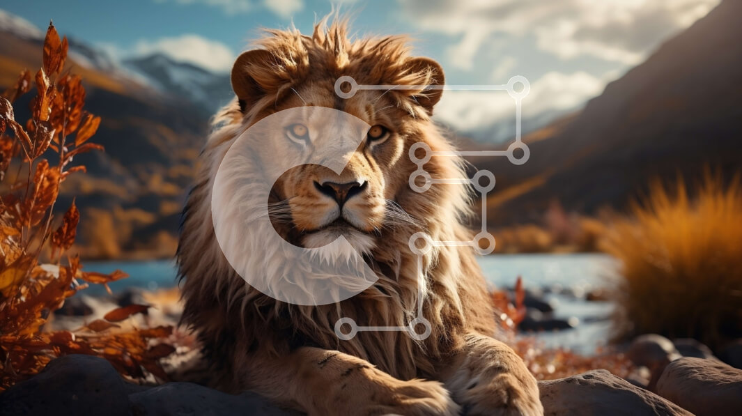 Intra Συλλεκτικό Ξύλινο Παζλ Plywood  4mm - Λιοντάρι που κάθεται σε έναν βράχο δίπλα σε ένα ποτάμι με βουνά στο βάθος Σε Ξύλινο Κουτί - Διαστάσεις: 10x10 cm – 25 κομμάτια