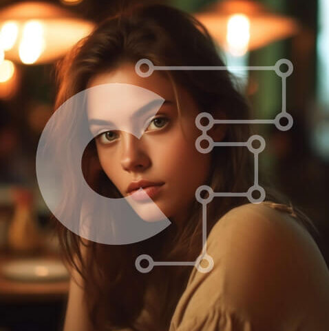 Intra Συλλεκτικό Ξύλινο Παζλ Plywood  4mm - Στοχαστική νεαρή γυναίκα με μπεζ πουκάμισο κάθεται σε αμυδρά φωτισμένο εστιατόριο Σε Ξύλινο Κουτί - Διαστάσεις Puzzle: 10x10 cm – 25 κομμάτια - Image 1