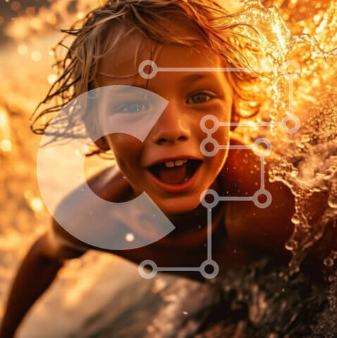 Intra Συλλεκτικό Ξύλινο Παζλ Plywood 4mm - Σερφ στο ηλιοβασίλεμα: Νεαρό αγόρι που πιάνει τα κύματα Σε Ξύλινο Κουτί - Διαστάσεις Puzzle: 10x10 cm – 25 κομμάτια - Image 1