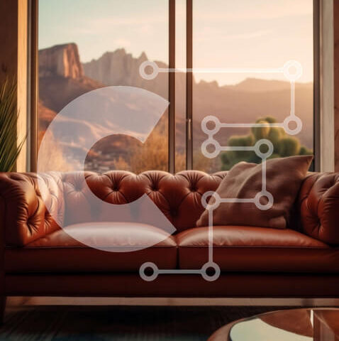 Intra Συλλεκτικό Ξύλινο Παζλ Plywood  4mm - Κομψό εσωτερικό με καφέ δερμάτινο καναπέ και θέα στο βουνό Σε Ξύλινο Κουτί - Διαστάσεις Puzzle: 10x10 cm – 25 κομμάτια - Image 1