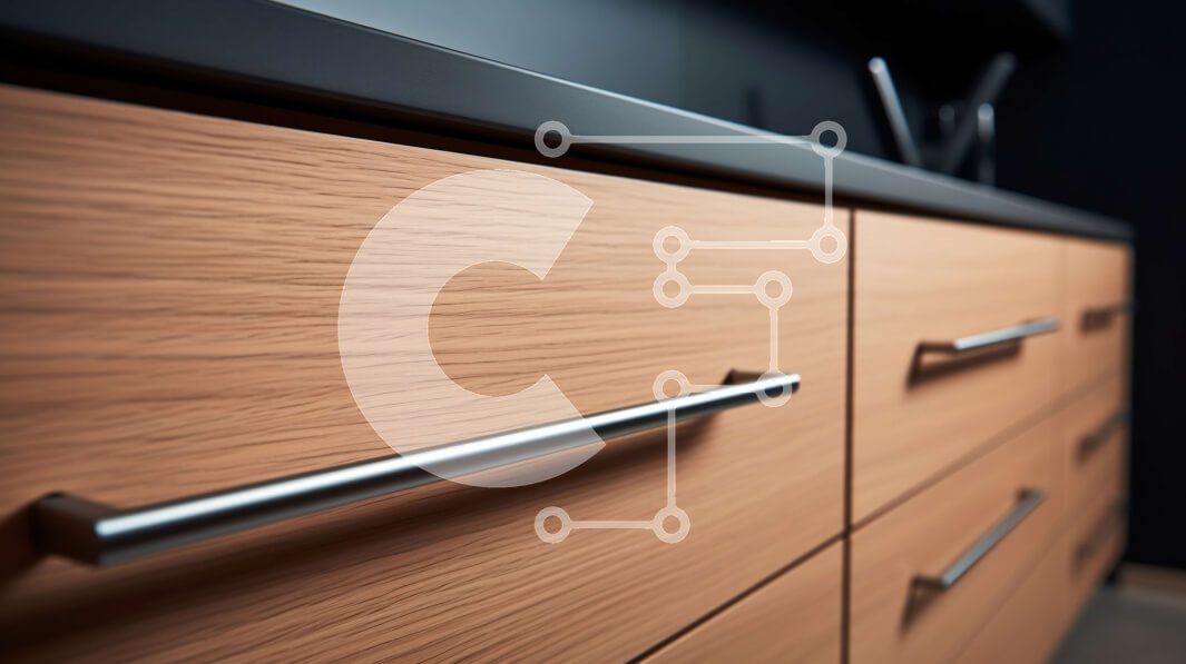 Intra Συλλεκτικό Ξύλινο Παζλ Plywood  4mm - Κοντινό πλάνο μοντέρνου ξύλινου ντουλαπιού κουζίνας με κομψές μεταλλικές λαβές Σε Ξύλινο Κουτί - Διαστάσεις Puzzle: 10x10 cm – 25 κομμάτια