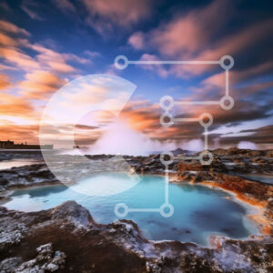 Intra Συλλεκτικό Ξύλινο Παζλ Plywood  4mm - Εκπληκτική εικόνα μιας θερμής πηγής στη μέση ενός βραχώδους εδάφους με έναν όμορφο ουρανό ηλιοβασιλέματος Σε Ξύλινο Κουτί - Διαστάσεις: 10x10 cm – 25 κομμάτια