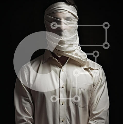 Intra Συλλεκτικό Ξύλινο Παζλ Plywood 4mm - Μυστηριώδης εικόνα ενός άνδρα με δεμένα μάτια σε ένα σκοτεινό δωμάτιο Σε Ξύλινο Κουτί - Διαστάσεις Puzzle: 10x10 cm – 25 κομμάτια - Image 1