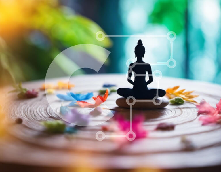 Intra Συλλεκτικό Ξύλινο Παζλ Plywood  4mm - Μαύρο άγαλμα του Βούδα που περιβάλλεται από πολύχρωμα λουλούδια και φύλλα Σε Ξύλινο Κουτί - Διαστάσεις Puzzle: 10x10 cm – 25 κομμάτια