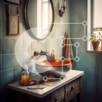 Intra Συλλεκτικό Ξύλινο Παζλ Plywood  4mm - Κομψός νιπτήρας μπάνιου με στρογγυλό πορτοκαλί μπολ και μπλε τοίχους Σε Ξύλινο Κουτί - Διαστάσεις Puzzle: 10x10 cm – 25 κομμάτια - Image 1