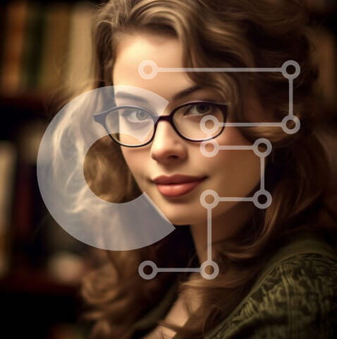 Intra Συλλεκτικό Ξύλινο Παζλ Plywood  4mm - Νεαρή γυναίκα με γυαλιά που ποζάρει για ένα πορτρέτο μπροστά από ένα ράφι Σε Ξύλινο Κουτί - Διαστάσεις Puzzle: 10x10 cm – 25 κομμάτια - Image 1