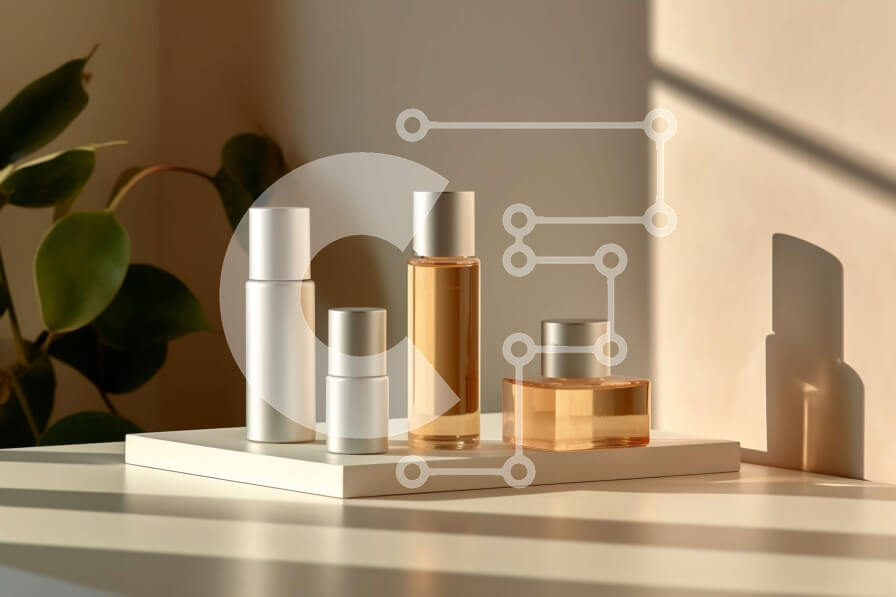 Intra Συλλεκτικό Ξύλινο Παζλ Plywood  4mm - Κομψή εικόνα τριών μπουκαλιών αρωμάτων σε λευκό ράφι με φυτό στο φόντο Σε Ξύλινο Κουτί - Διαστάσεις Puzzle: 10x10 cm – 25 κομμάτια