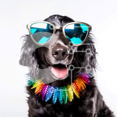 Intra Συλλεκτικό Ξύλινο Παζλ Plywood 4mm - Πολύχρωμα αξεσουάρ για σκύλους: Happy Black Dog με γυαλιά ηλίου και κολάρο ουράνιο τόξο Σε Ξύλινο Κουτί - Διαστάσεις: 10x10 cm – 25 κομμάτια - Image 1