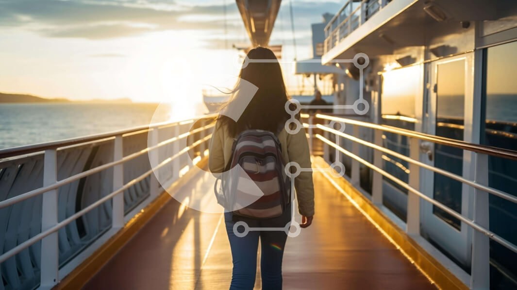 Intra Συλλεκτικό Ξύλινο Παζλ Plywood  4mm - Γυναίκα που περπατά στο κατάστρωμα του κρουαζιερόπλοιου στο ηλιοβασίλεμα Σε Ξύλινο Κουτί - Διαστάσεις Puzzle: 10x10 cm – 25 κομμάτια