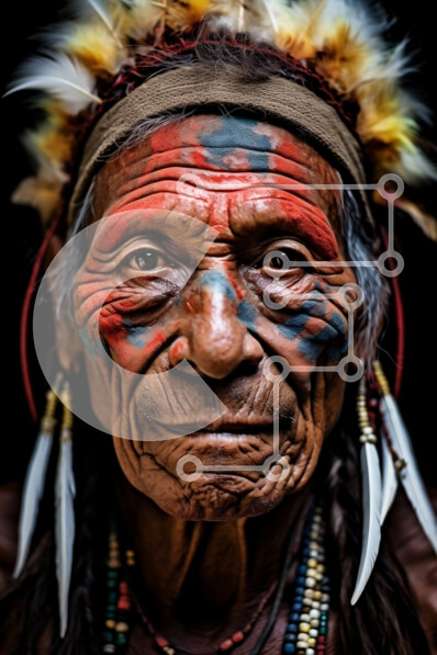 Intra Συλλεκτικό Ξύλινο Παζλ Plywood  4mm - Πορτρέτο ενός ηλικιωμένου ιθαγενούς της Αμερικής με παραδοσιακό ζωγραφισμένο πρόσωπο και φτερωτό κόμμωμα Σε Ξύλινο Κουτί - Διαστάσεις Puzzle: 10x10 cm – 25 κομμάτια