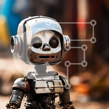 Intra Συλλεκτικό Ξύλινο Παζλ Plywood  4mm - Φουτουριστική εικόνα ενός ρομπότ με ακουστικά που στέκονται σε έναν χωματόδρομο Σε Ξύλινο Κουτί - Διαστάσεις Puzzle: 10x10 cm – 25 κομμάτια - Image 1